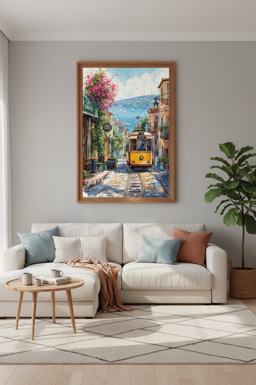 Istanbul Watercolor Tram Wall Art | Mediterranean Coastal Decor | Cityscape Poster
