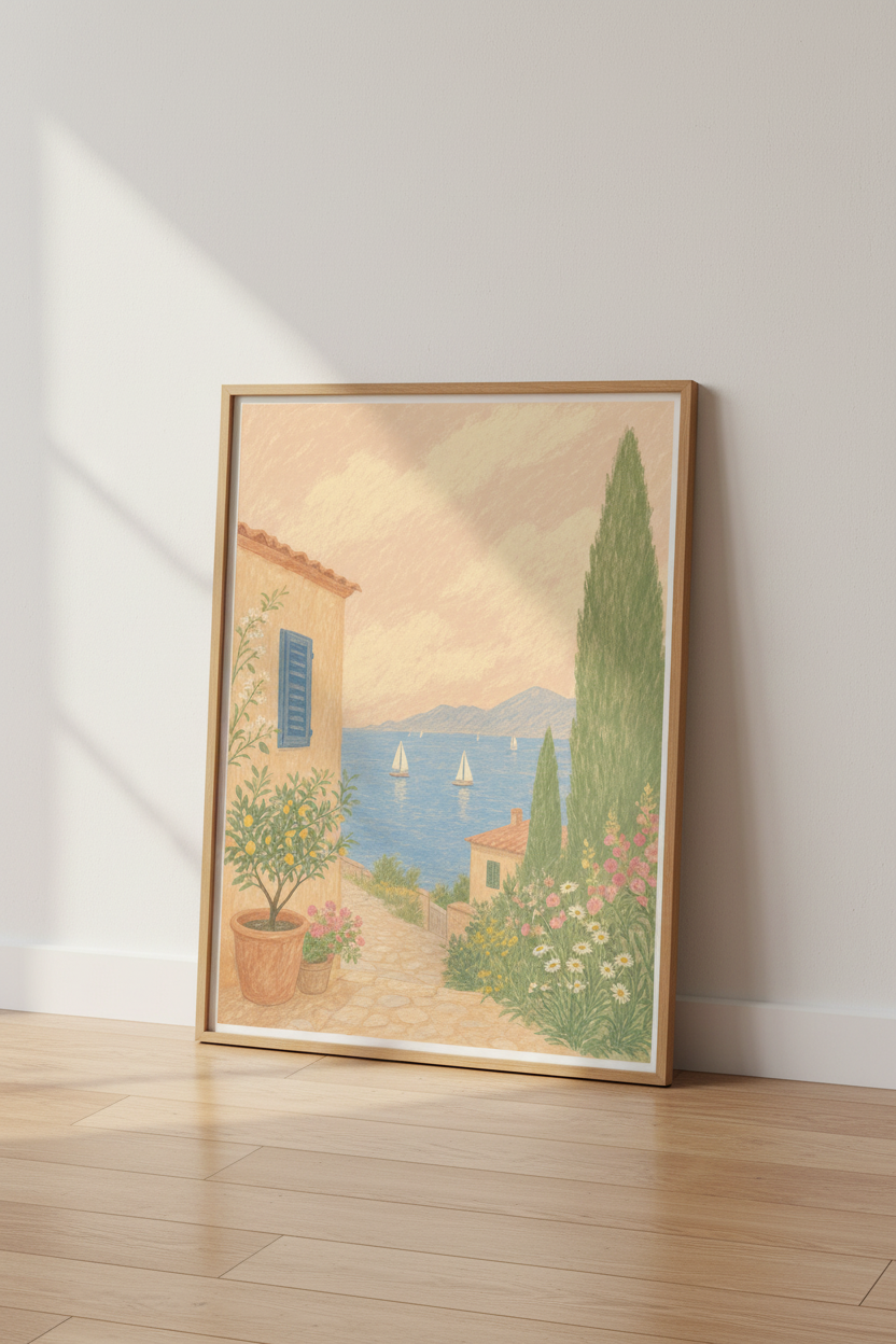 Mediterranean Coast Art | Italian Summer Villa Print, Coastal Landscape Poster