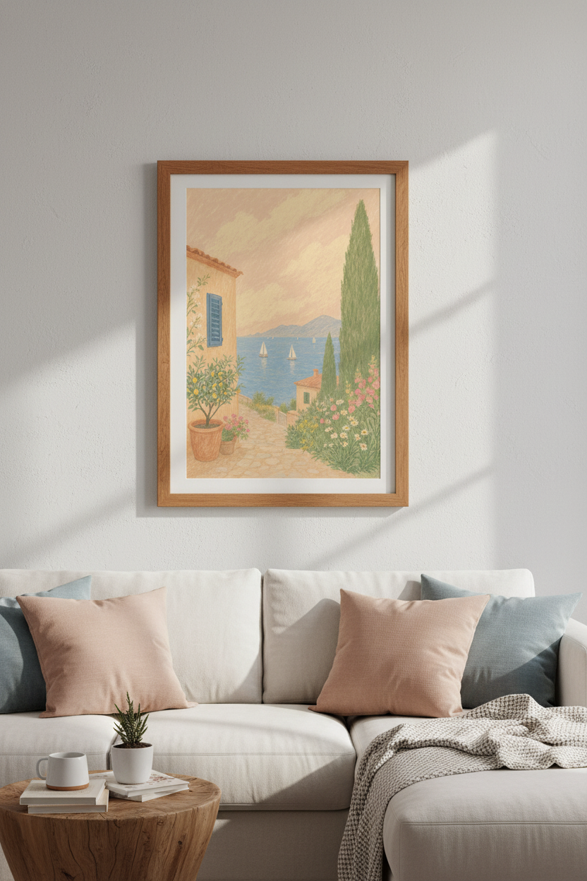 Mediterranean Coast Art | Italian Summer Villa Print, Coastal Landscape Poster