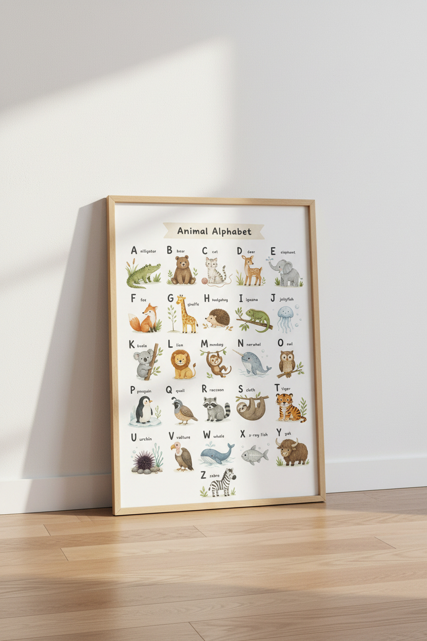 Animal Alphabet Wall Art | Nursery ABC Poster | Neutral Watercolor Playroom Decor