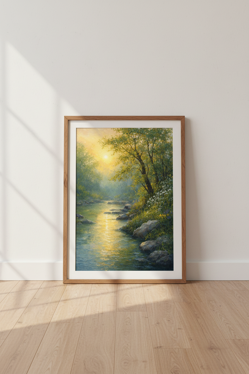 Forest River Landscape | Impressionist Gold & Green | Living Room Wall Art