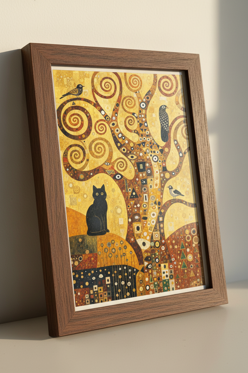 Black Cat Tree of Life Wall Art Print | Gold Klimt Style Decor | Art Nouveau Poster