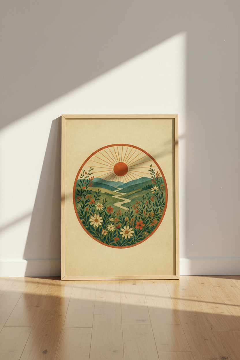 Boho Mountain Landscape Poster | Retro Sun & Wildflowers, Living Room Decor
