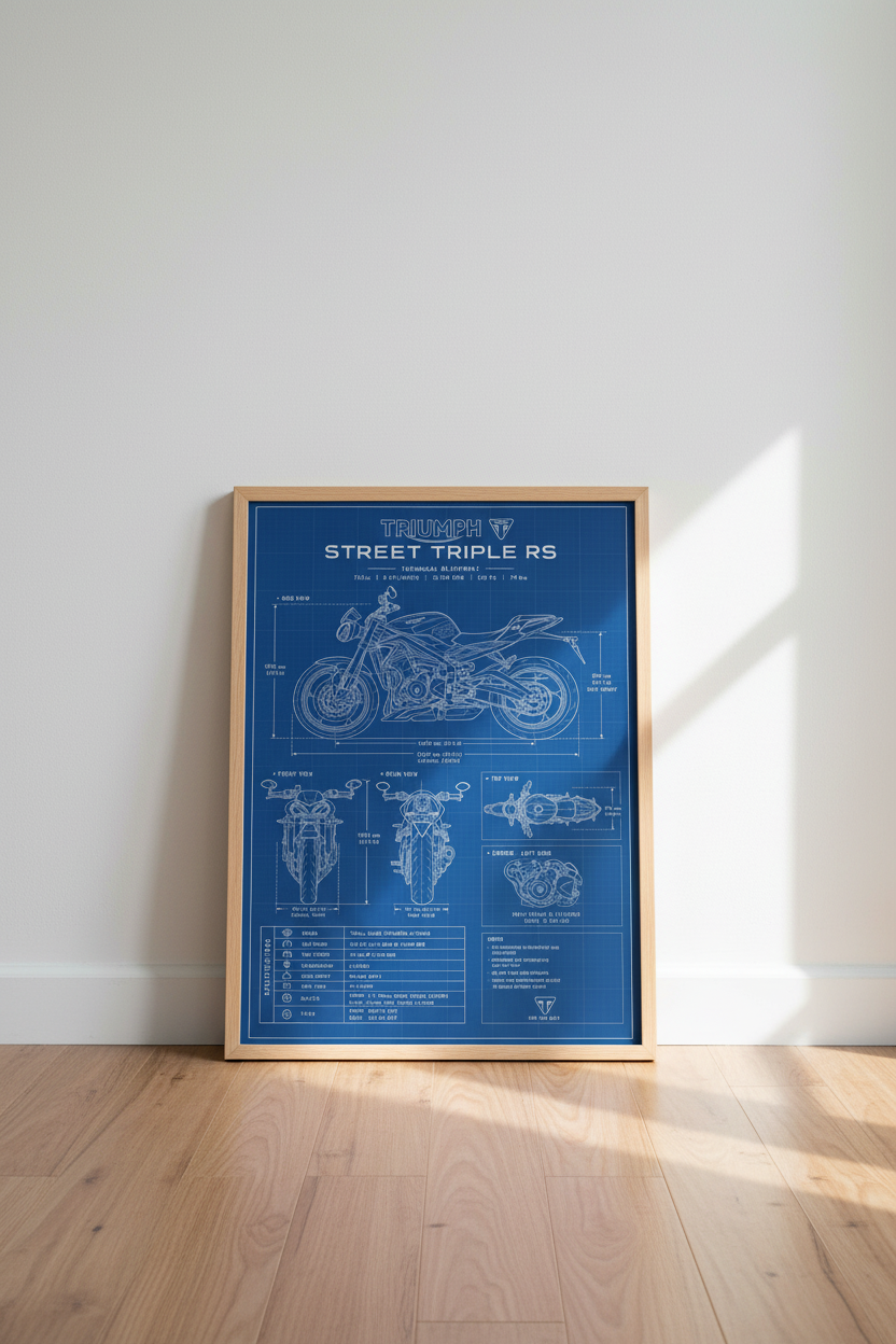 Triumph Street Triple RS Art Print | Blueprint Motorcycle Poster | Man Cave Decor