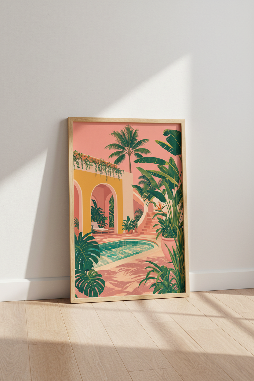 Tropical Poolside Oasis | Pink Mediterranean Style, Boho Living Room Decor