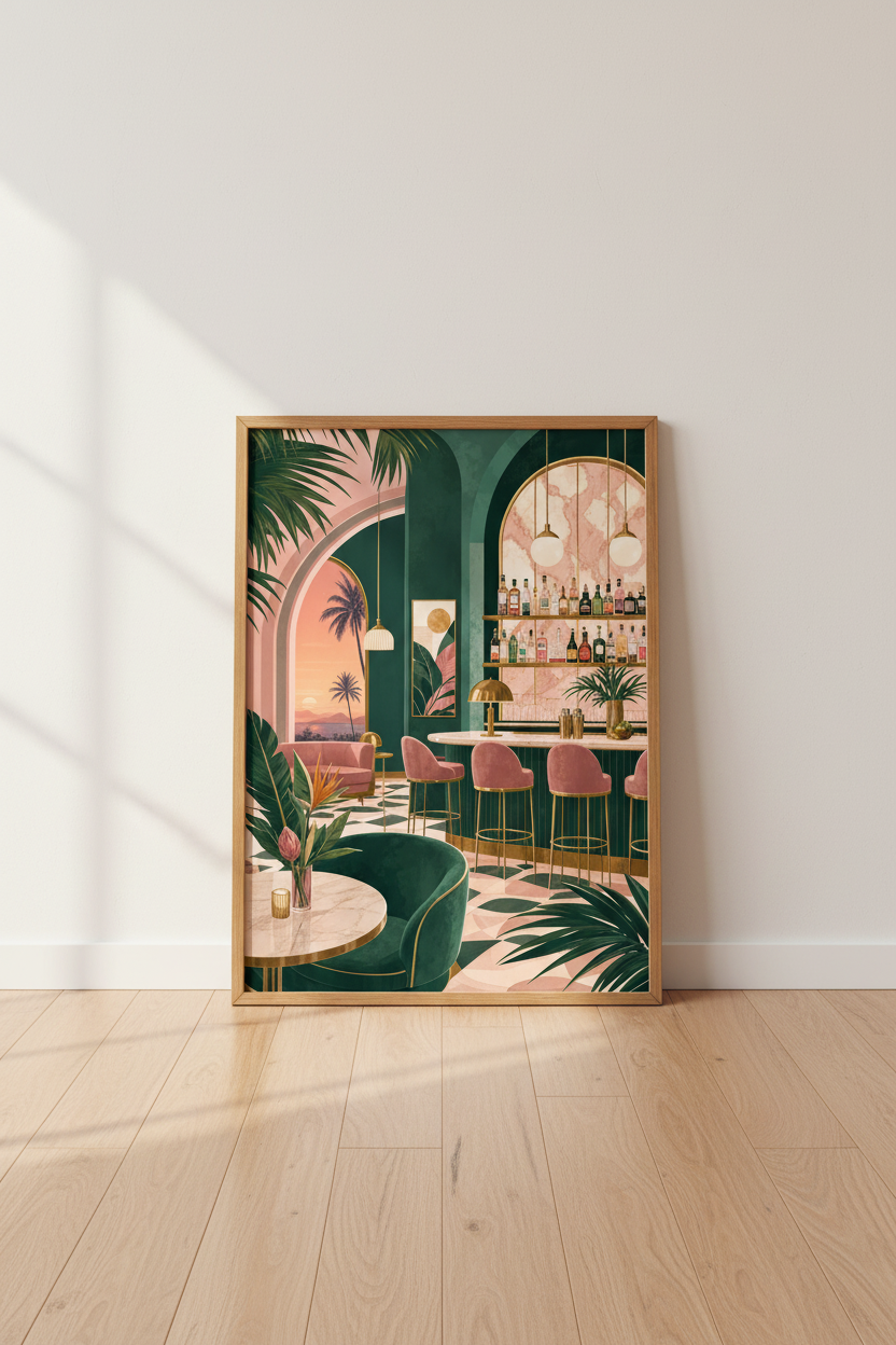 Tropical Art Deco Club | Green & Pink Bar Print, Retro Beach Lounge Poster