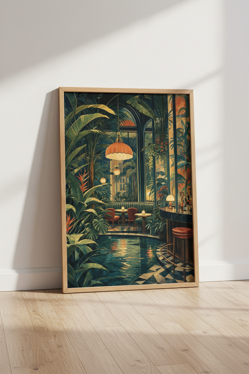 Tropical Bar Wall Art | Moody Botanical Lounge Print, Maximalist Home Decor
