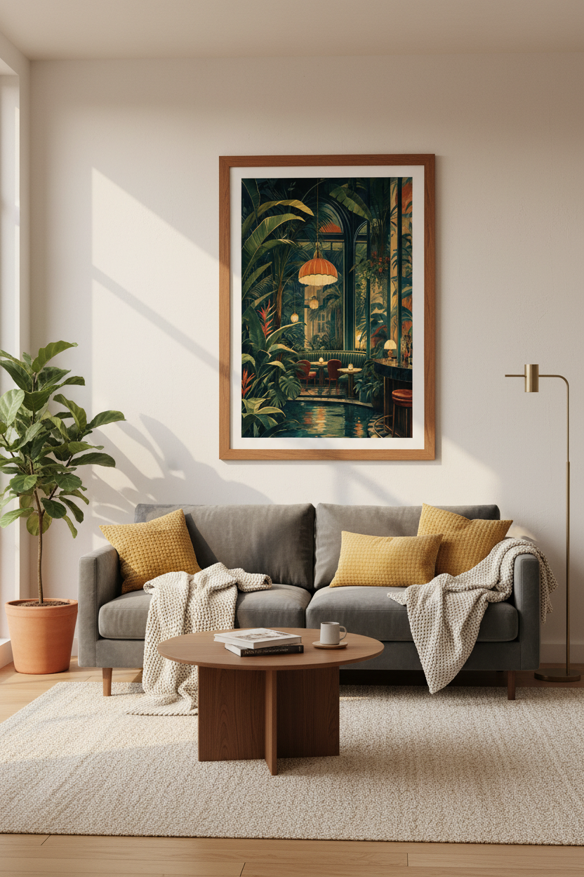 Tropical Bar Wall Art | Moody Botanical Lounge Print, Maximalist Home Decor