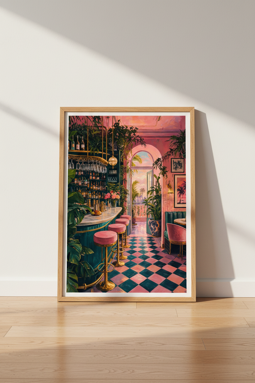 Pink Tropical Bar Wall Art | Maximalist Cocktail Poster, Eclectic Home Decor Art