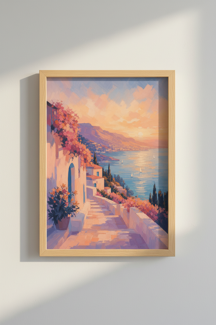 Coastal Italian Wall Art Print | Mediterranean Sunset Decor | Impressionist Poster
