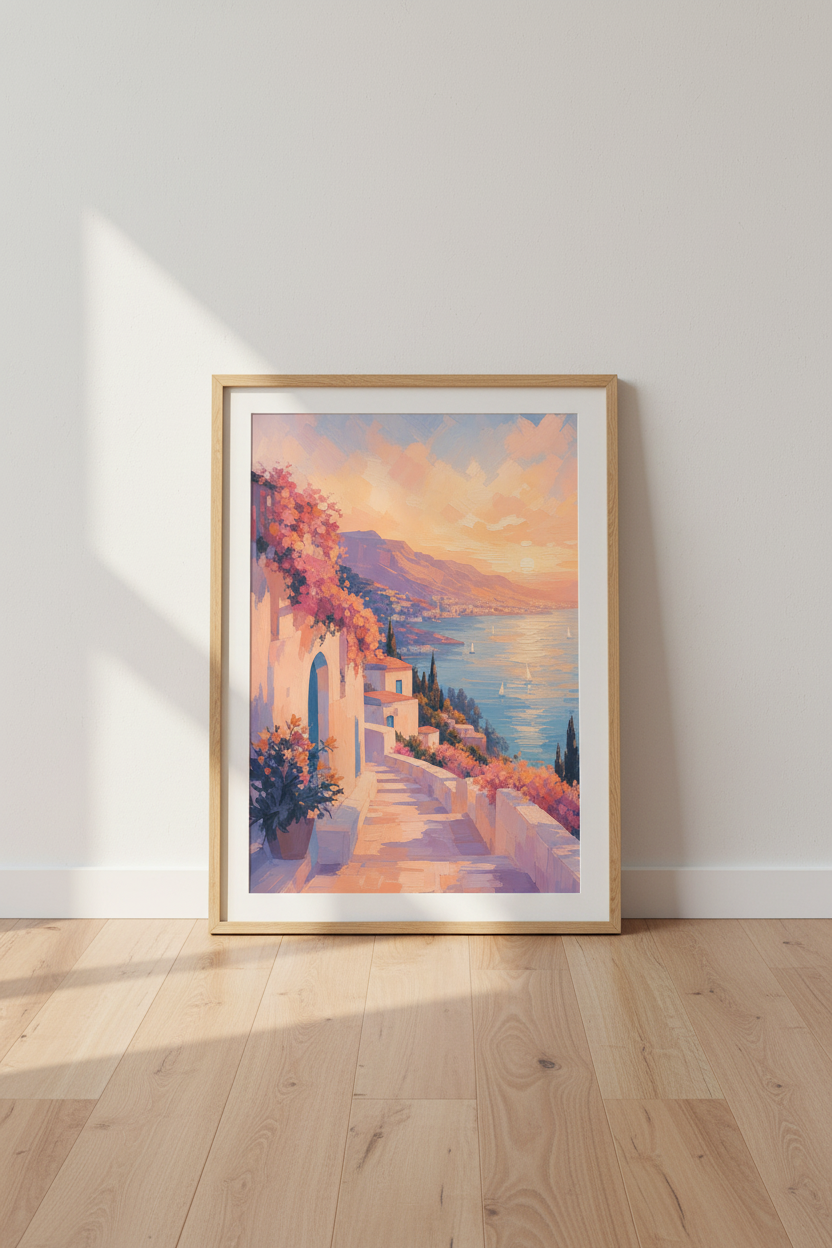 Coastal Italian Wall Art Print | Mediterranean Sunset Decor | Impressionist Poster