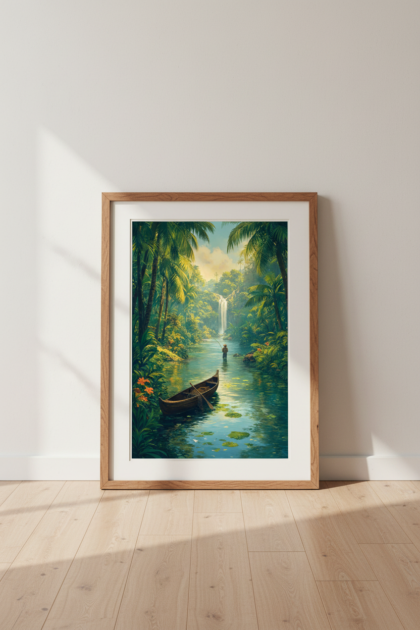 Tropical Jungle Fishing Wall Art | Nature Waterfall Print, Living Room Decor