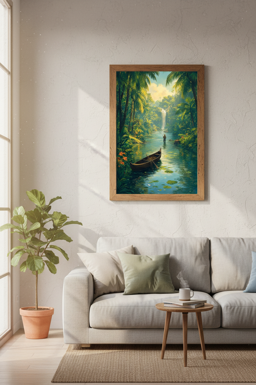 Tropical Jungle Fishing Wall Art | Nature Waterfall Print, Living Room Decor