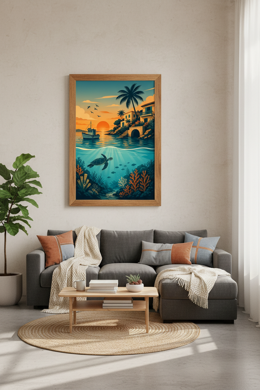 Sea Turtle Sunset Wall Art | Coastal Coastal View Poster, Nautical Home Decor
