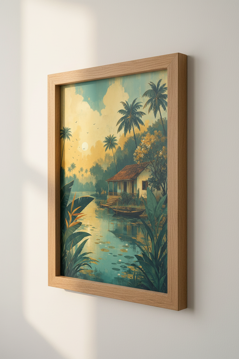 Tropical River Hut Wall Art | Vintage Sunset Landscape | Boho Coastal Poster