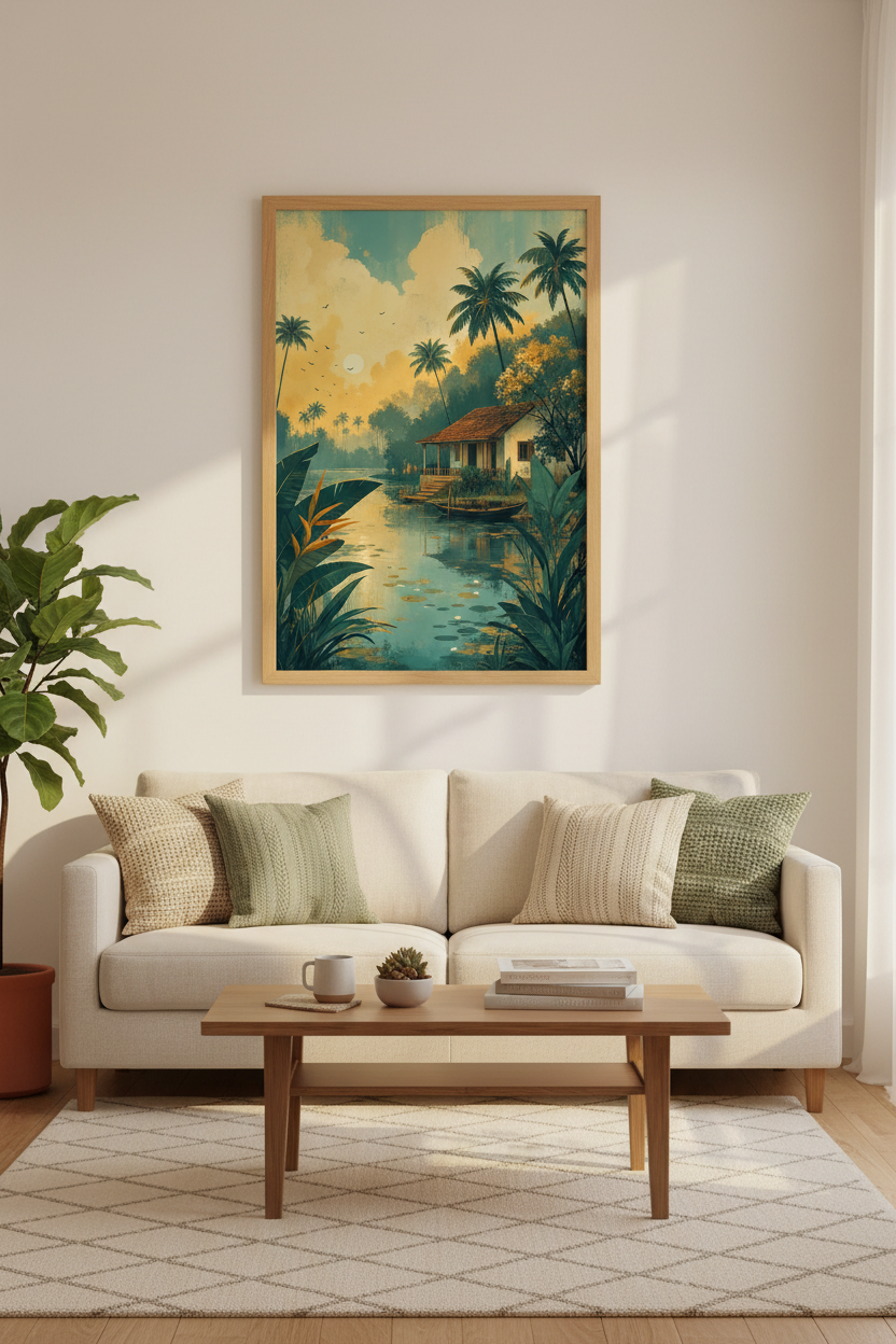 Tropical River Hut Wall Art | Vintage Sunset Landscape | Boho Coastal Poster