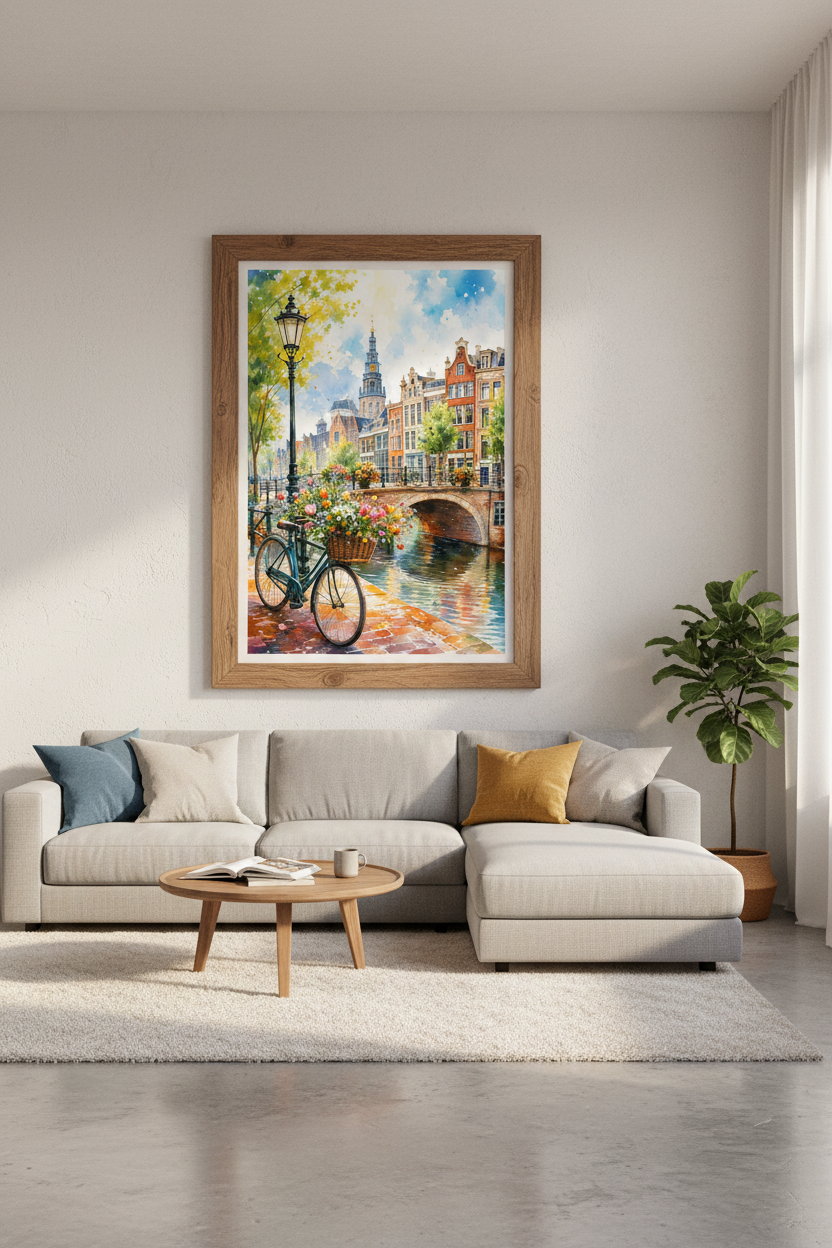 Amsterdam Canal Watercolor Art | European Cityscape, Living Room Decor Poster