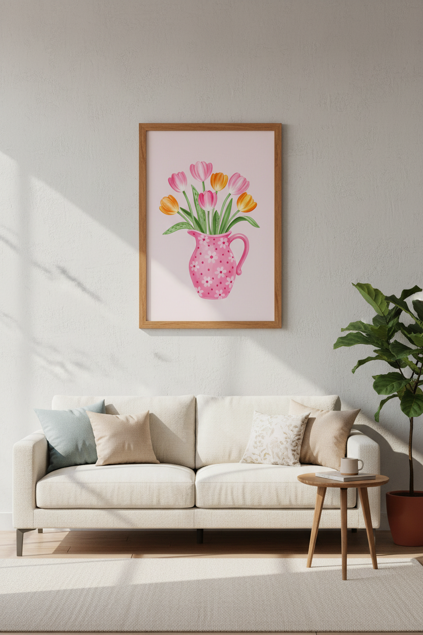 Pastel Tulip Wall Art Print | Pink Floral Vase Decor | Whimsical Nursery Poster