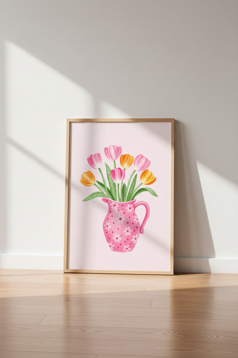 Pastel Tulip Wall Art Print | Pink Floral Vase Decor | Whimsical Nursery Poster
