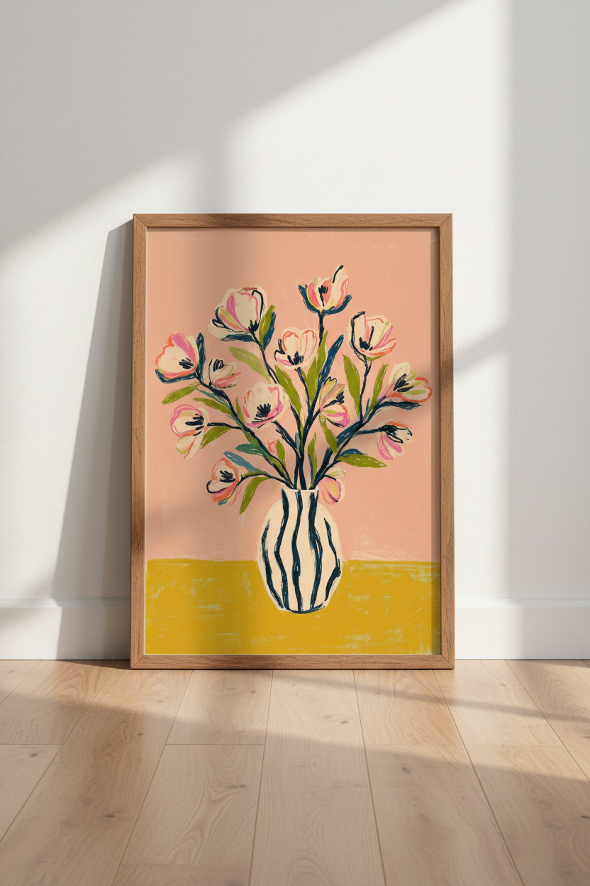 Floral Bouquet in Striped Vase Art | Pink Botanical Poster, Modern Boho Home Decor