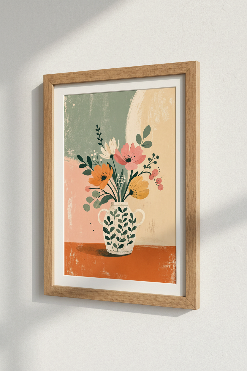 Mid Century Floral Vase Art | Pastel Botanical Print, Boho Living Room Decor