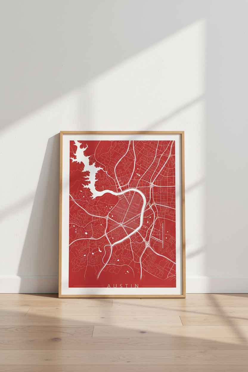 Austin Texas City Map Wall Art | Red Minimalist Poster | Office & Living Room Decor