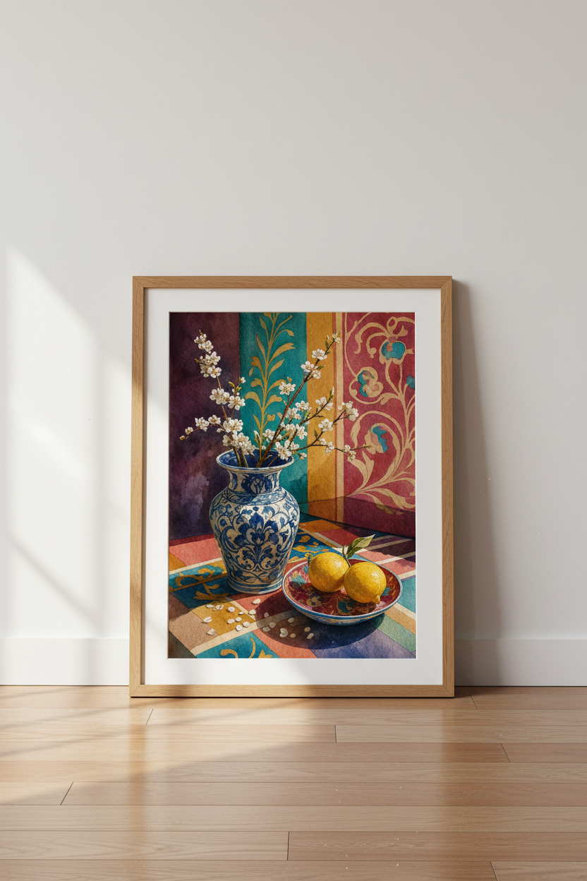 Blue Ginger Jar & Lemons Art | Watercolor Mediterranean Still Life, Kitchen Decor
