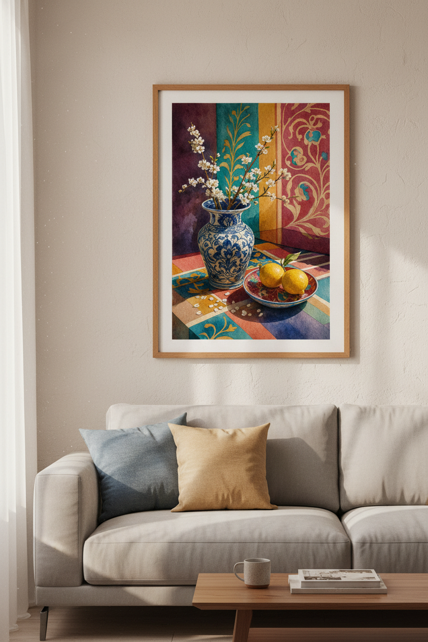 Blue Ginger Jar & Lemons Art | Watercolor Mediterranean Still Life, Kitchen Decor
