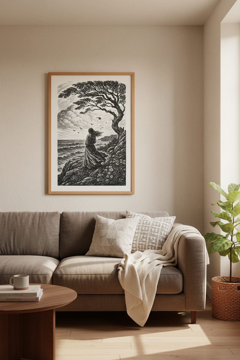 Seaside Woman Linocut Wall Art Print | Coastal Living Room Decor | Moody Woodcut Poster