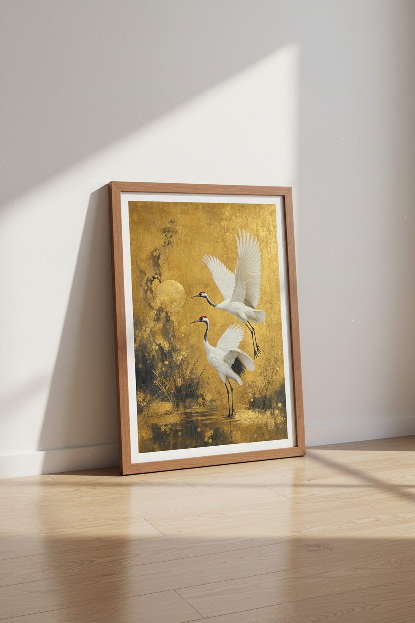 Japanese Crane Wall Art | Gold Leaf Bird Poster, Zen Home Decor