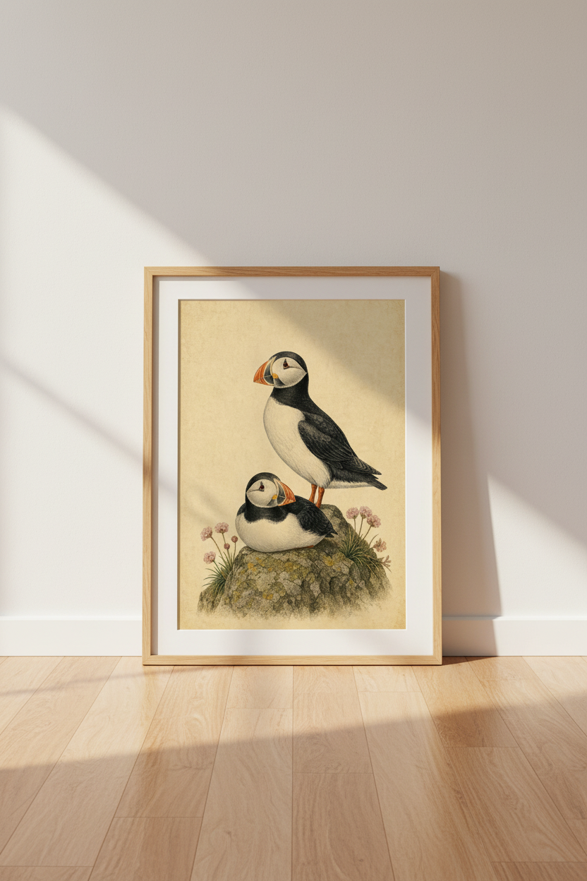 Vintage Puffin Bird Wall Art | Coastal Nature Illustration | Antique Nursery Poster