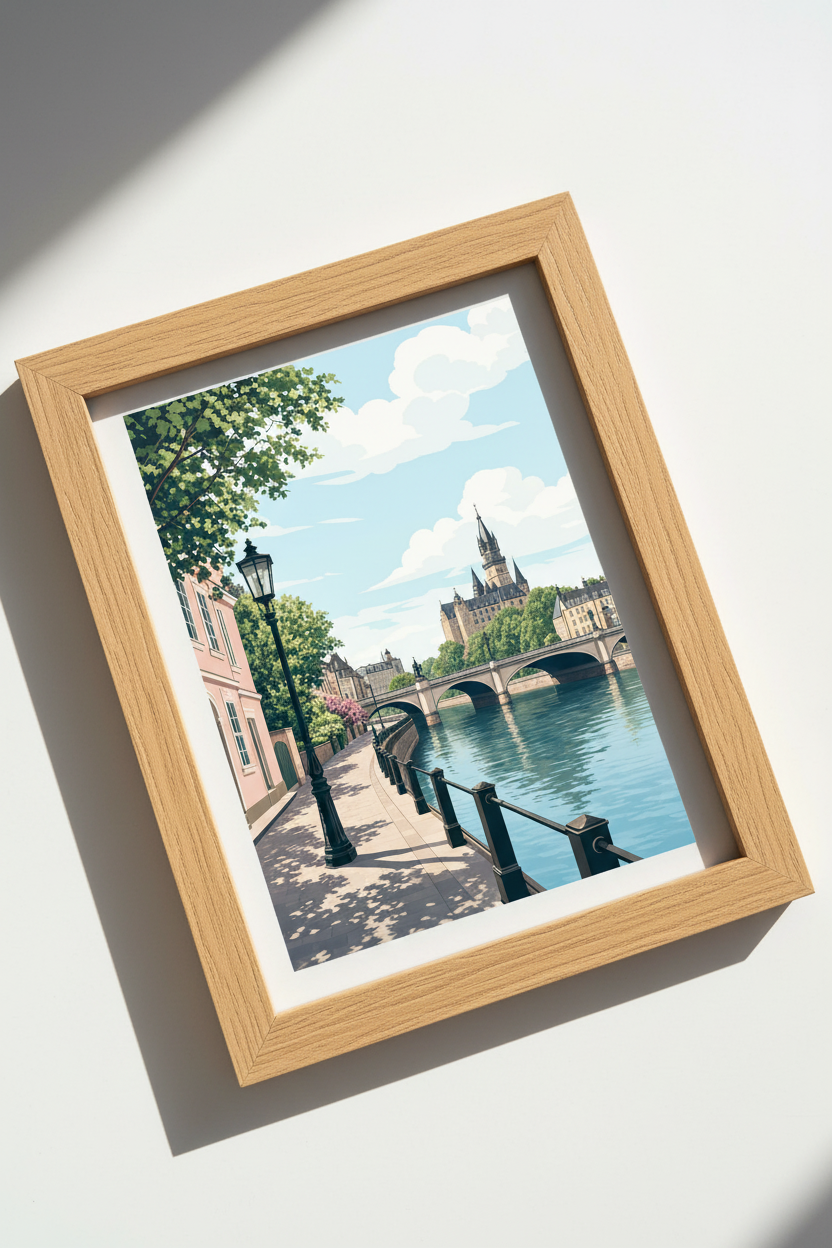 European Cityscape | Pastel Castle River Scene, Living Room Travel Poster