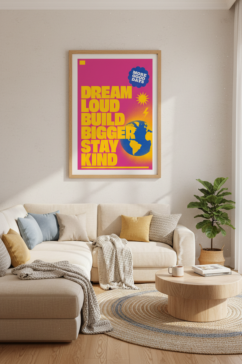 Dream Loud Build Bigger Art | Retro Pink Typography Poster, Office Decor