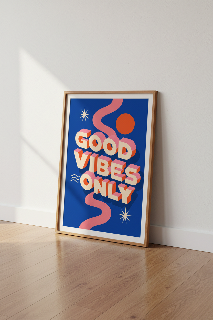 Good Vibes Only Wall Art | Retro Pink & Blue Aesthetic Poster | Eclectic Home Decor