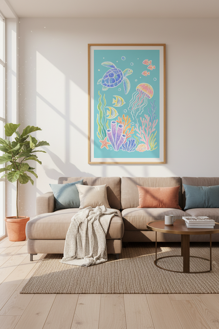 Sea Turtle & Jellyfish Wall Art | Pastel Ocean Nursery Decor | Whimsical Poster
