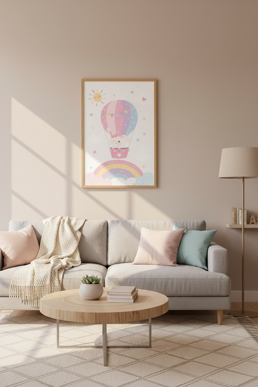 Bunny Hot Air Balloon Art | Pastel Rainbow Nursery Decor | Whimsical Poster