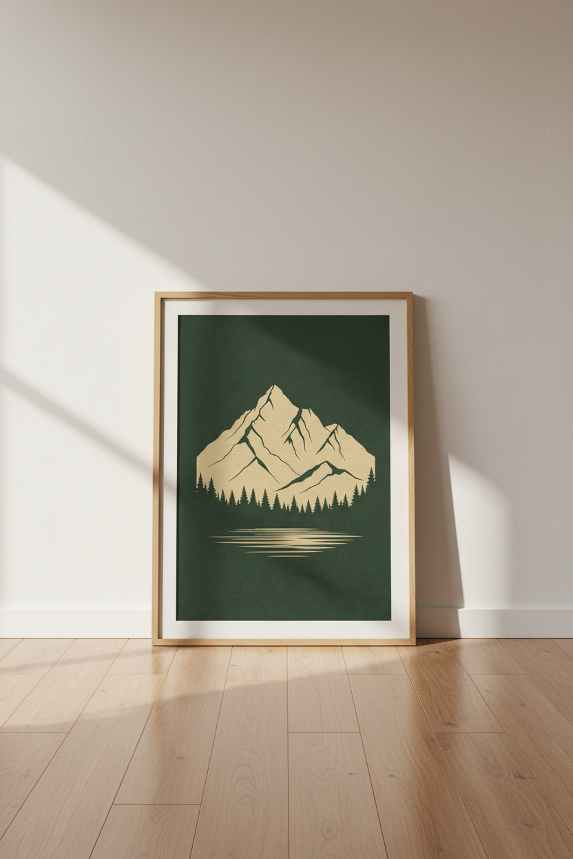 Mountain Landscape Print | Minimalist Forest Green Nature Wall Art, Living Room Decor