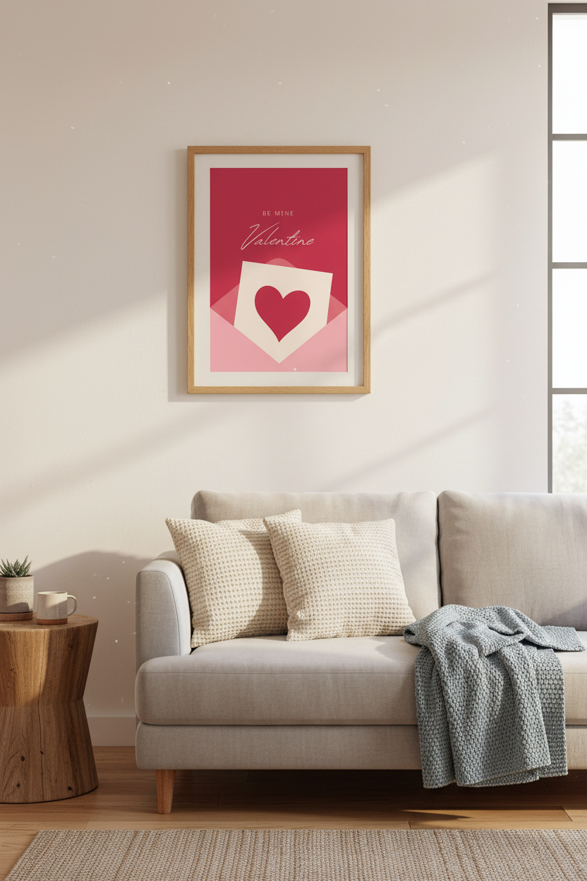 Be Mine Valentine Love Letter Art | Pink Red Heart Poster | Romantic Bedroom Decor