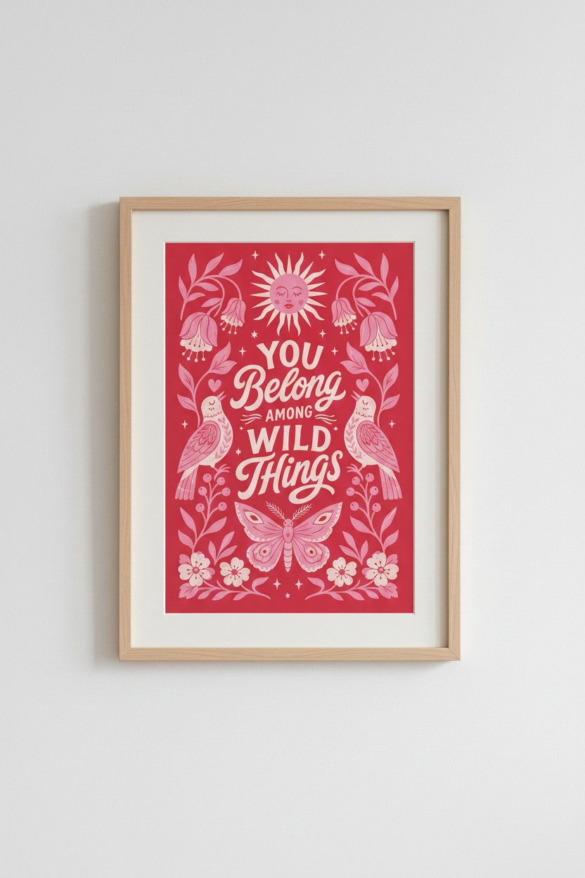 Wild Things Folk Art Print | Red & Pink Botanical Poster, Maximalist Decor