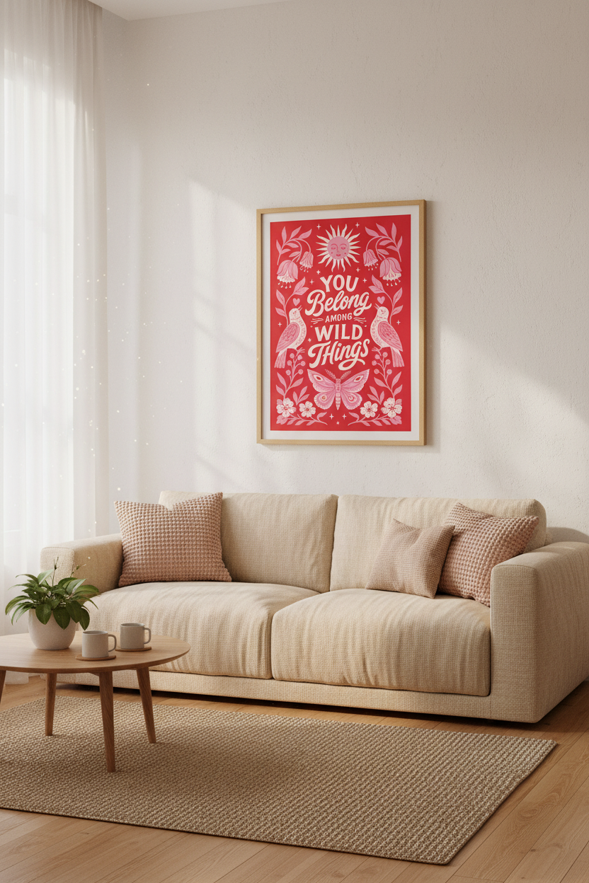 Wild Things Folk Art Print | Red & Pink Botanical Poster, Maximalist Decor
