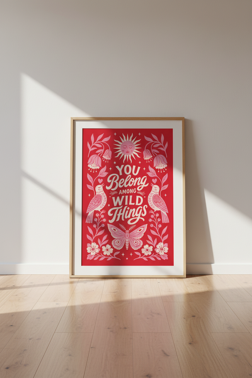 Wild Things Folk Art Print | Red & Pink Botanical Poster, Maximalist Decor