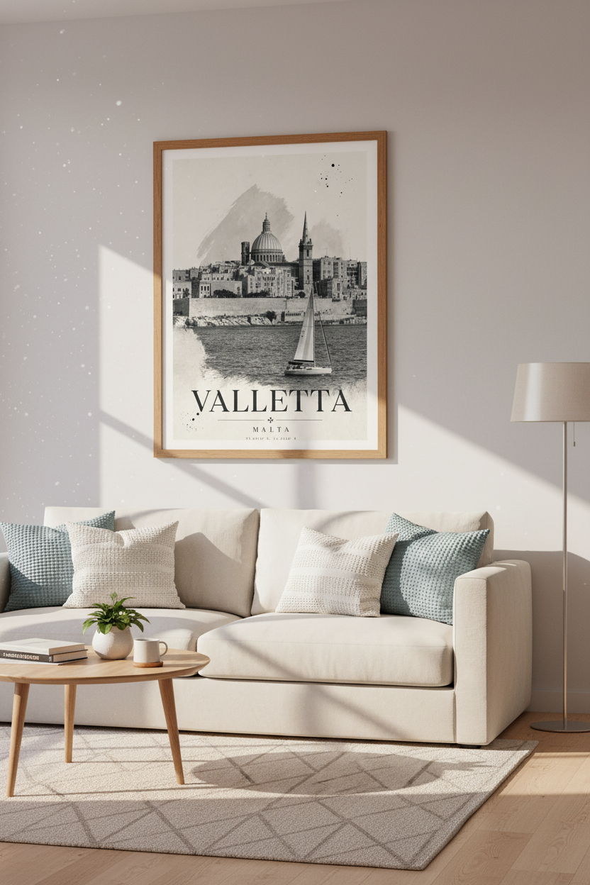 Valletta Malta Wall Art | Monochrome Sketch Travel Poster, Minimalist Decor