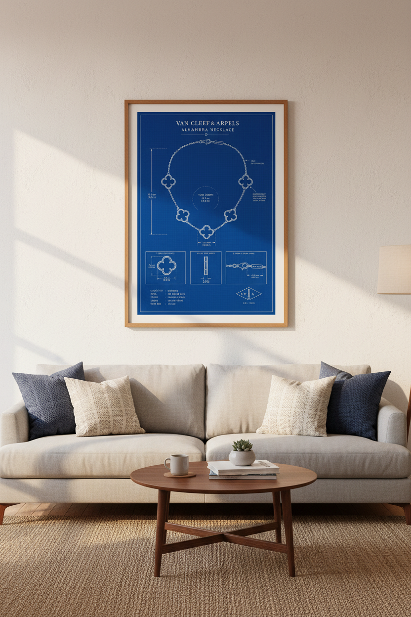 Jewelry Blueprint Wall Art | Alhambra Necklace Poster, Blue Luxury Fashion Print