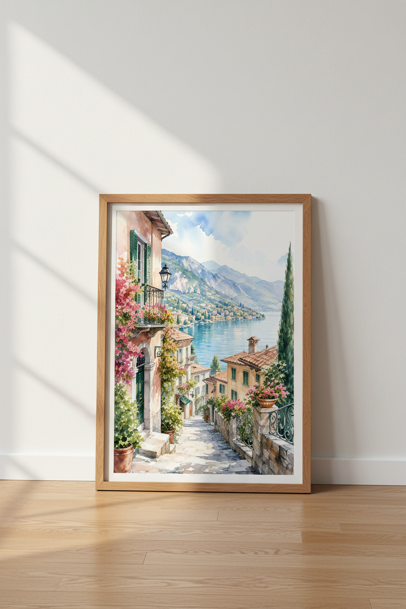Lake Como Italy Watercolor Wall Art | Mediterranean Street Decor | Coastal Travel Poster