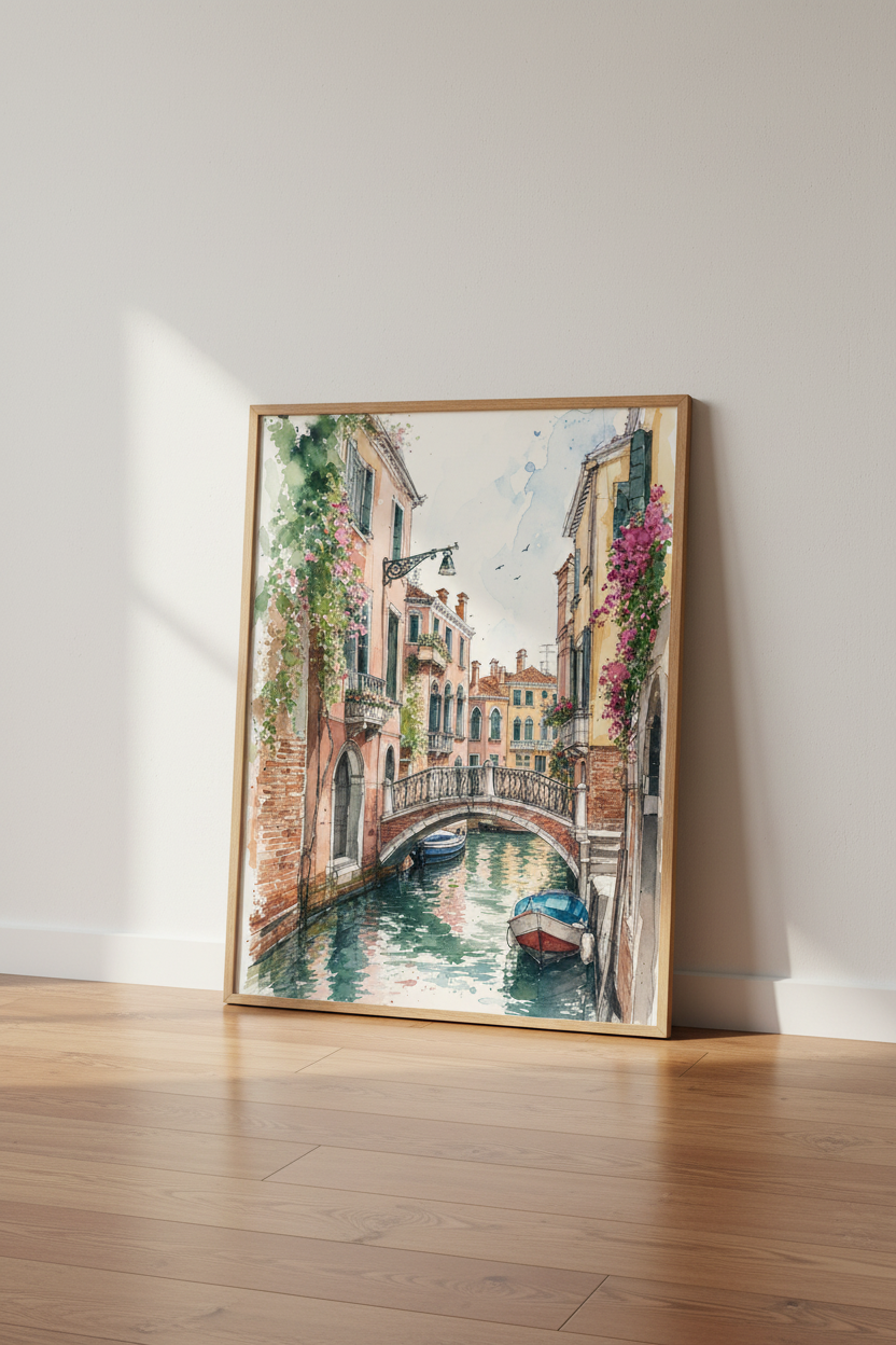 Venice Canal Watercolor Print | Italy Travel Wall Art, Mediterranean Decor