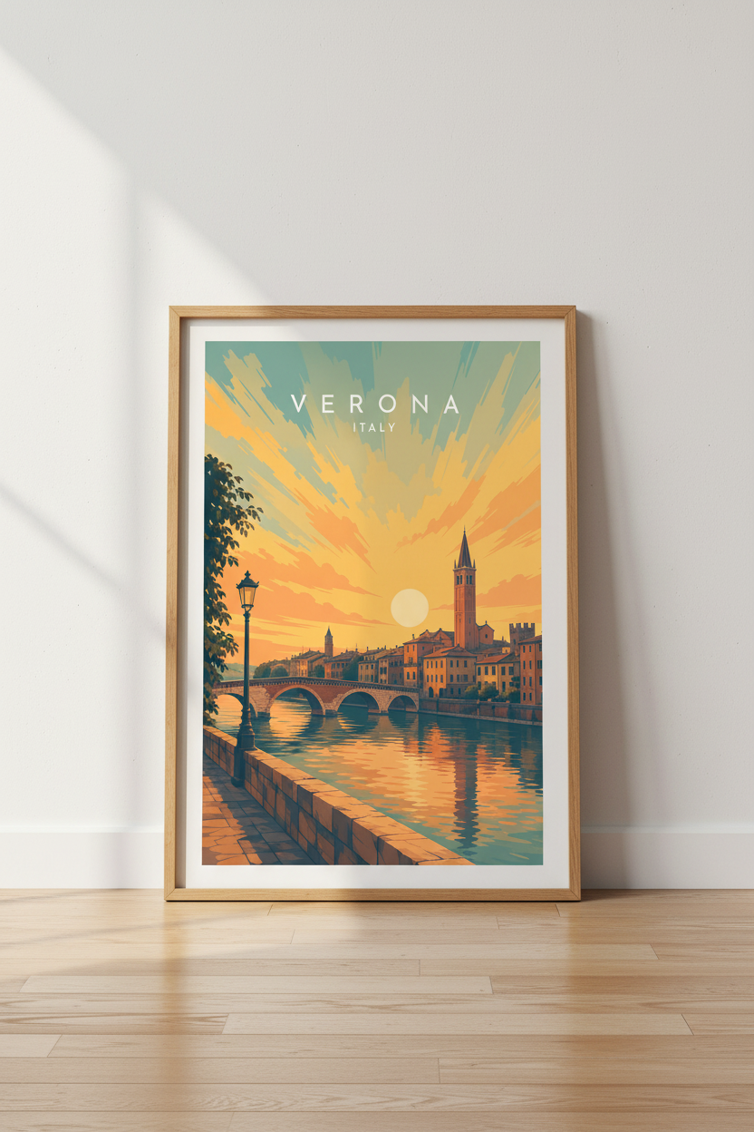 Verona Italy Travel Poster | Sunset Retro Skyline, Living Room Decor