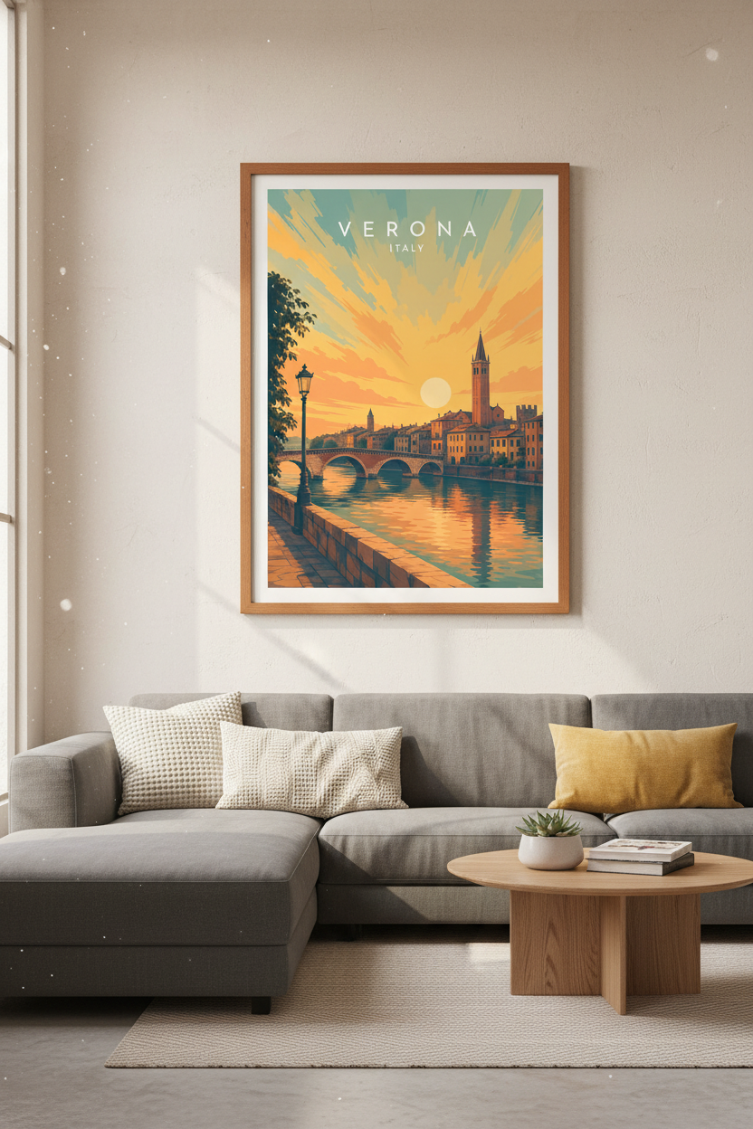 Verona Italy Travel Poster | Sunset Retro Skyline, Living Room Decor