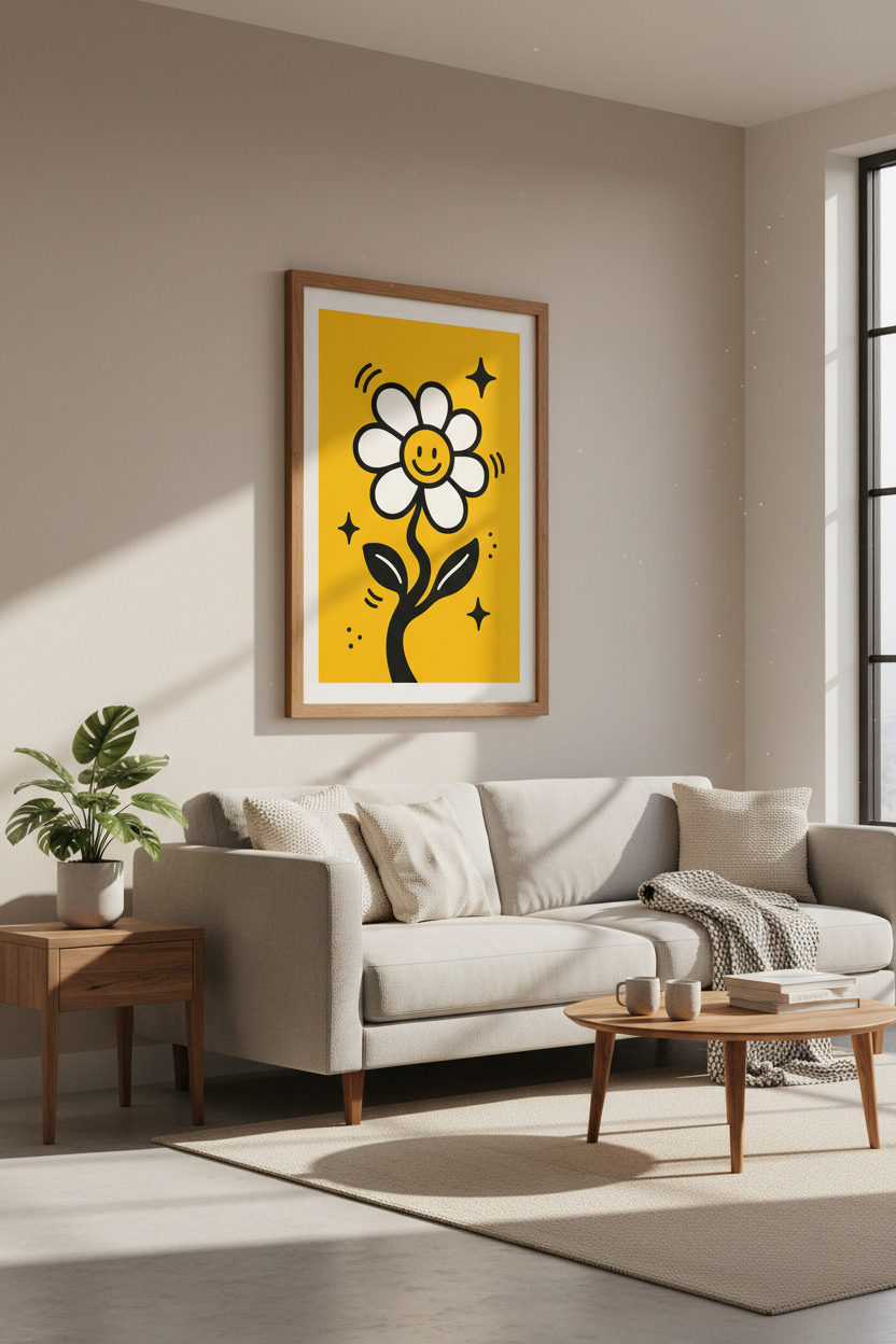 Smiley Face Daisy Wall Art | Retro Yellow Floral Poster, Dopamine Decor Print