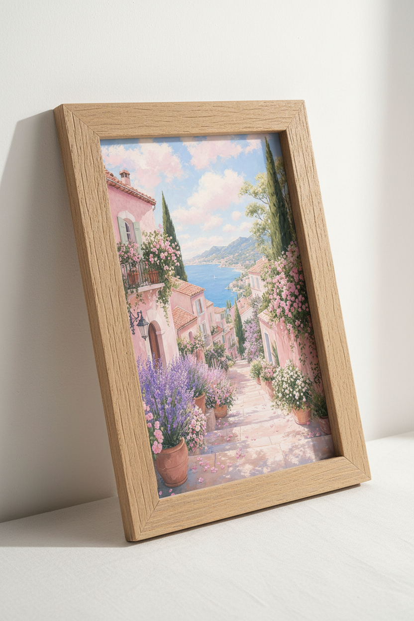 Coastal Village Wall Art | Pink Mediterranean Landscape, French Provence Decor