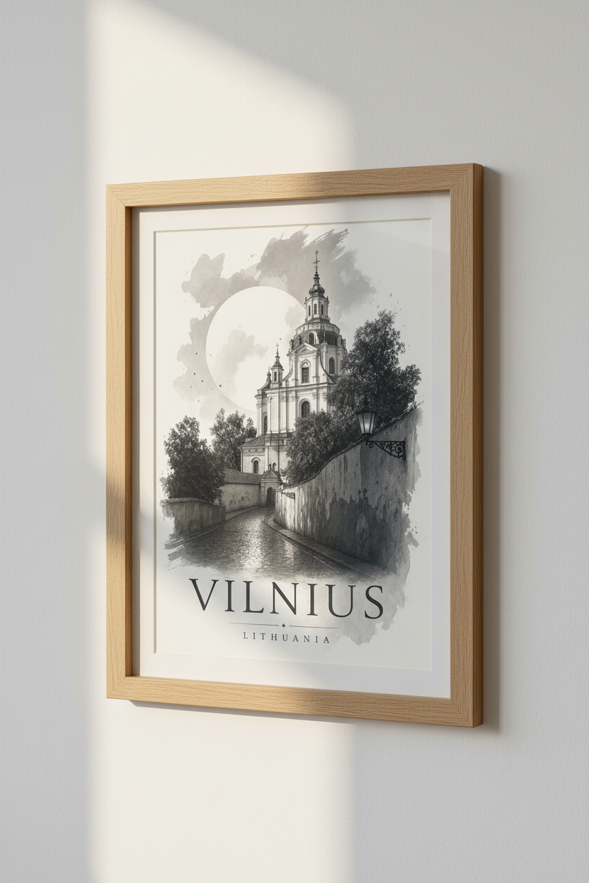 Vilnius Lithuania Poster | Black and White Travel Art, European City Decor